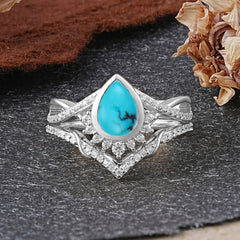 Ultra Luxurious Vintage Pear-Cut Turquoise Ring Set