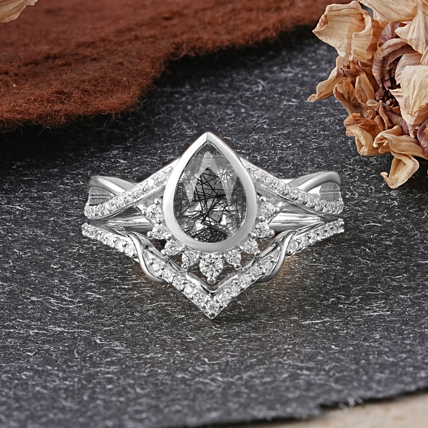 Ultra Luxurious Vintage Pear-Cut Natural Black Rutilated Quartz Ring Set