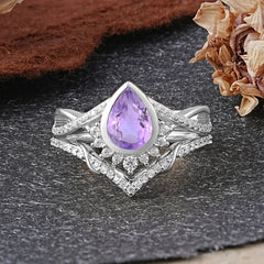 Ultra Luxurious Vintage Pear-Cut Natural Amethyst Ring Set