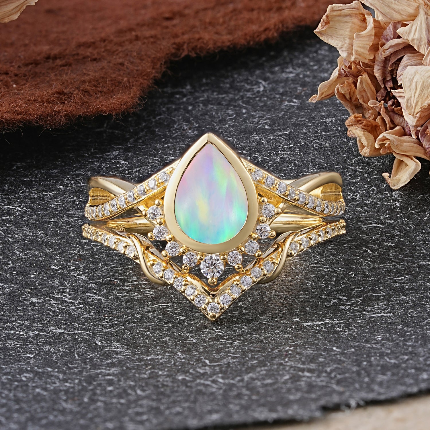 Ultra Luxurious Vintage Pear-Cut Opal Bridal Ring Set