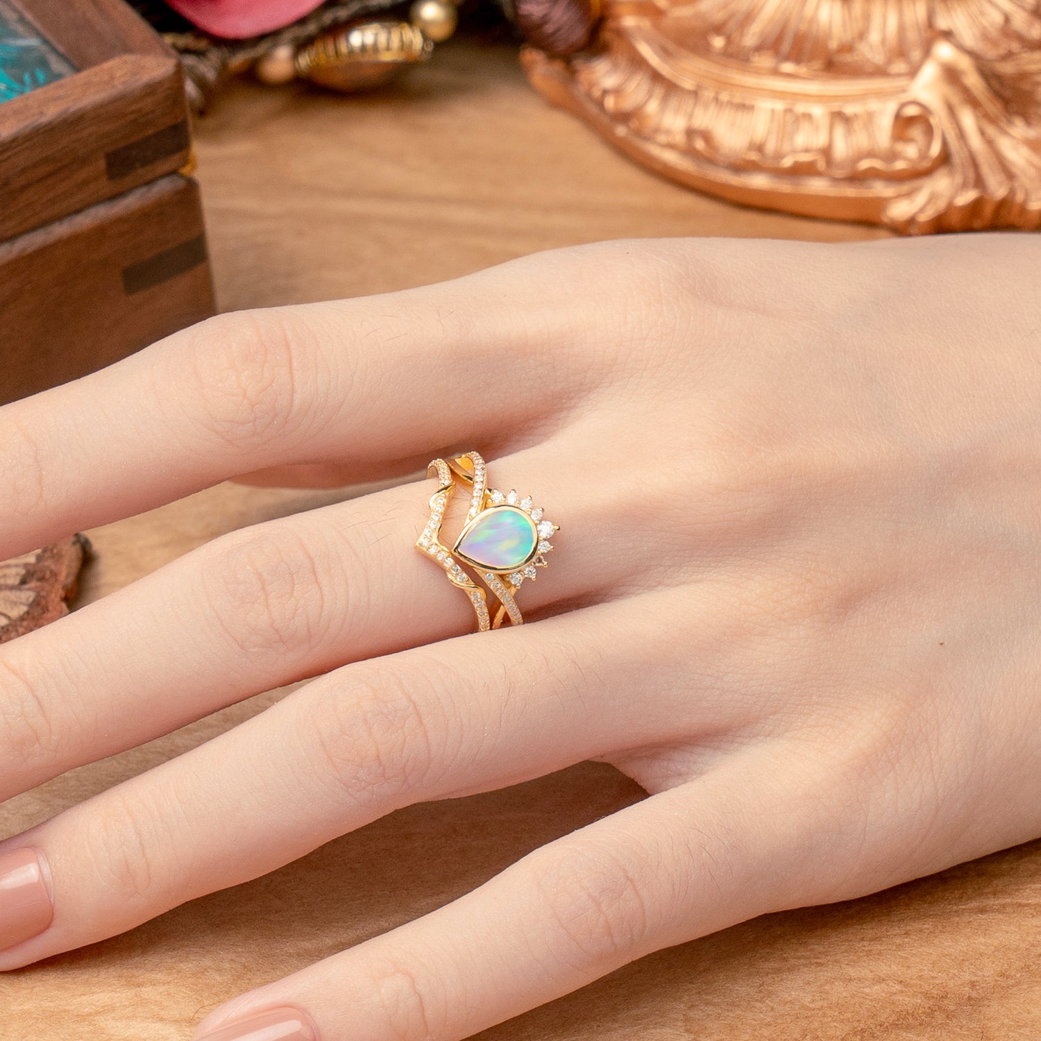 Ultra Luxurious Vintage Pear-Cut Opal Bridal Ring Set