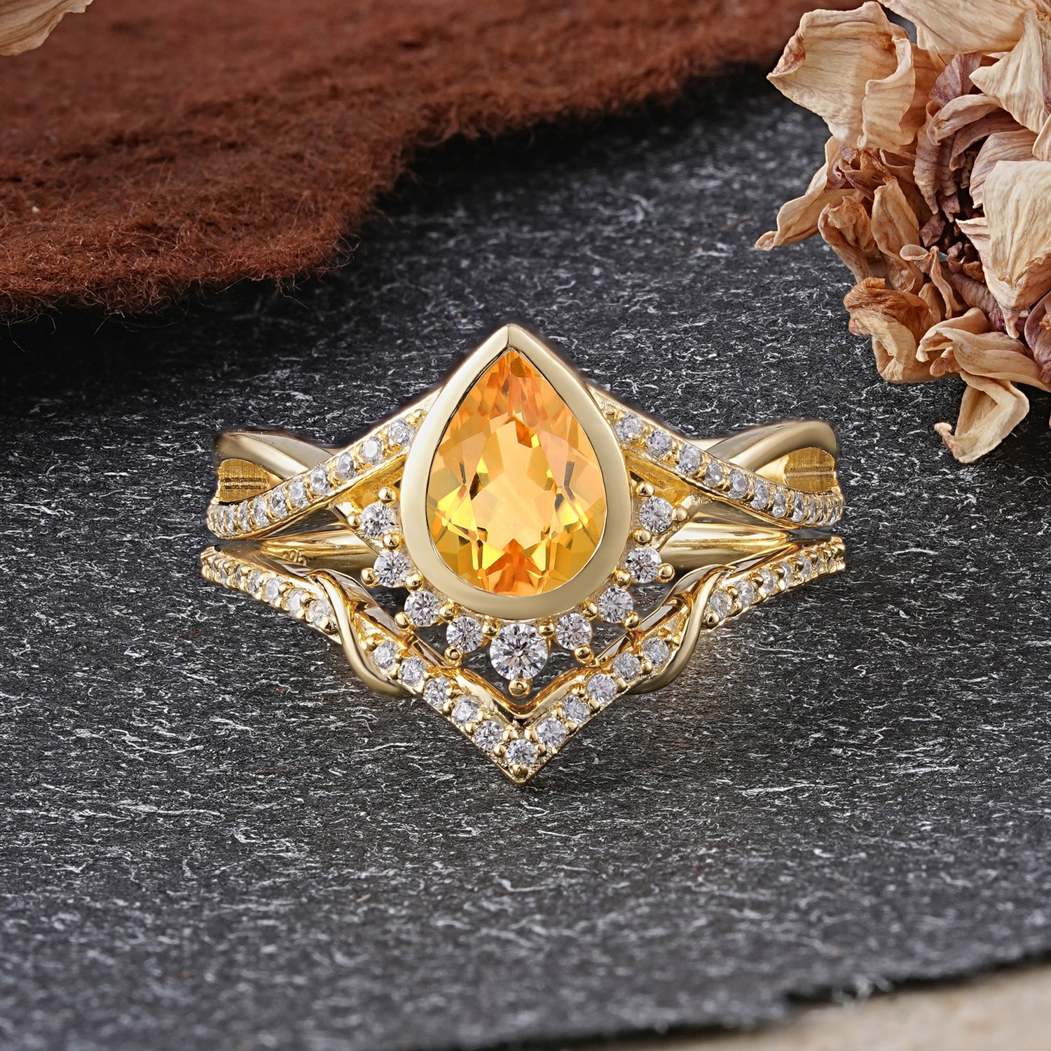 Ultra Luxurious Vintage Pear-Cut Citrine Bridal Ring Set