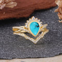 Ultra Luxurious Vintage Pear-Cut Turquoise Ring Set
