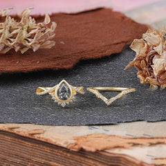 Ultra Luxurious Vintage Pear-Cut Natural Black Rutilated Quartz Ring Set