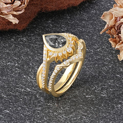 Ultra Luxurious Vintage Pear-Cut Natural Black Rutilated Quartz Ring Set