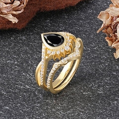 Ultra Luxurious Vintage Pear-Cut Black Onyx Ring Set
