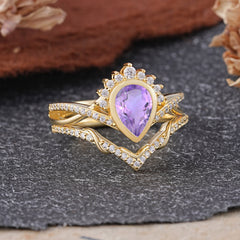 Ultra Luxurious Vintage Pear-Cut Natural Amethyst Ring Set