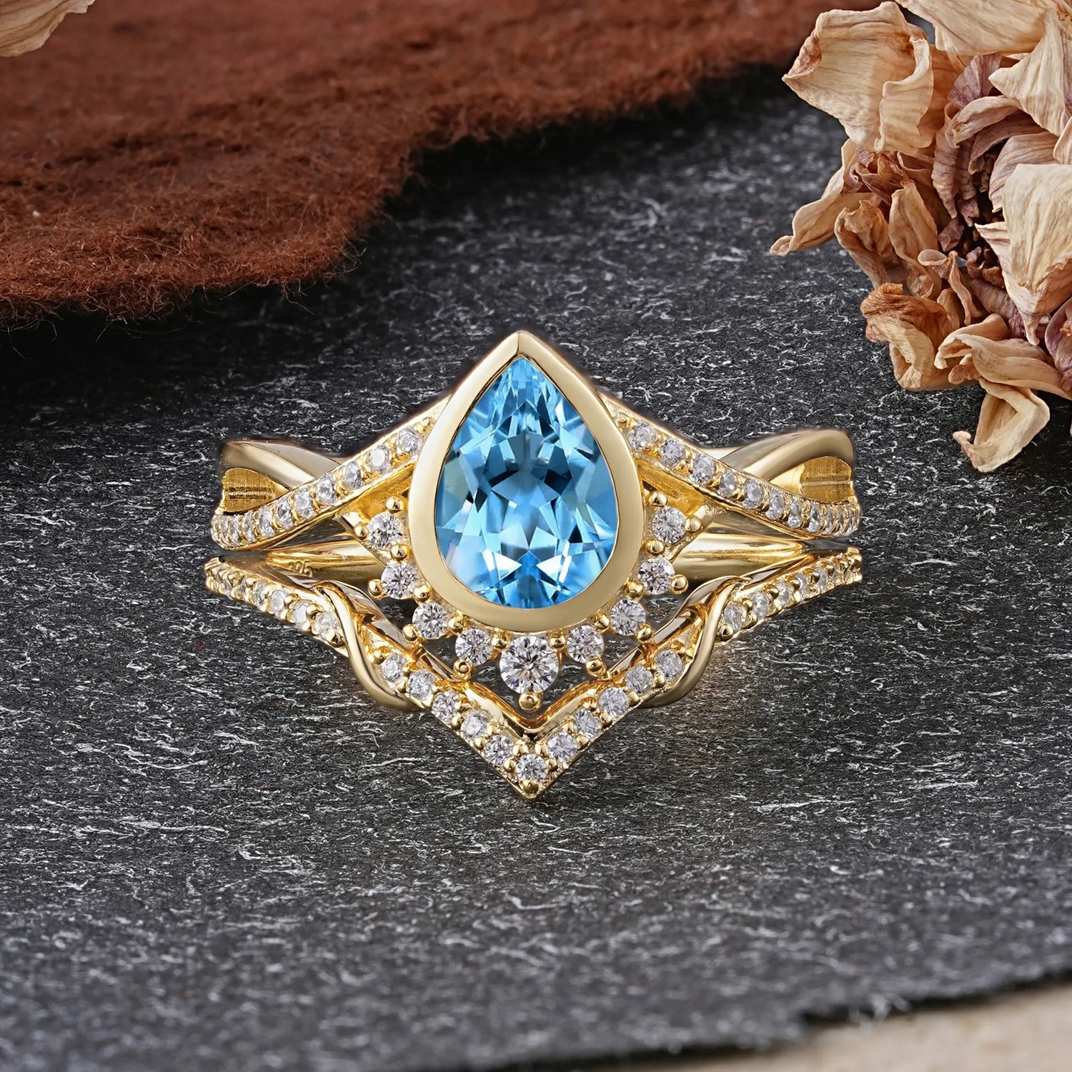 Ultra Luxurious Vintage Pear-Cut Aquamarine Bridal Ring Set
