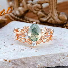 Nature - Inspired 3  Prong Pear Cut Natural Moss Agate Romantic Wedding Ring Sets