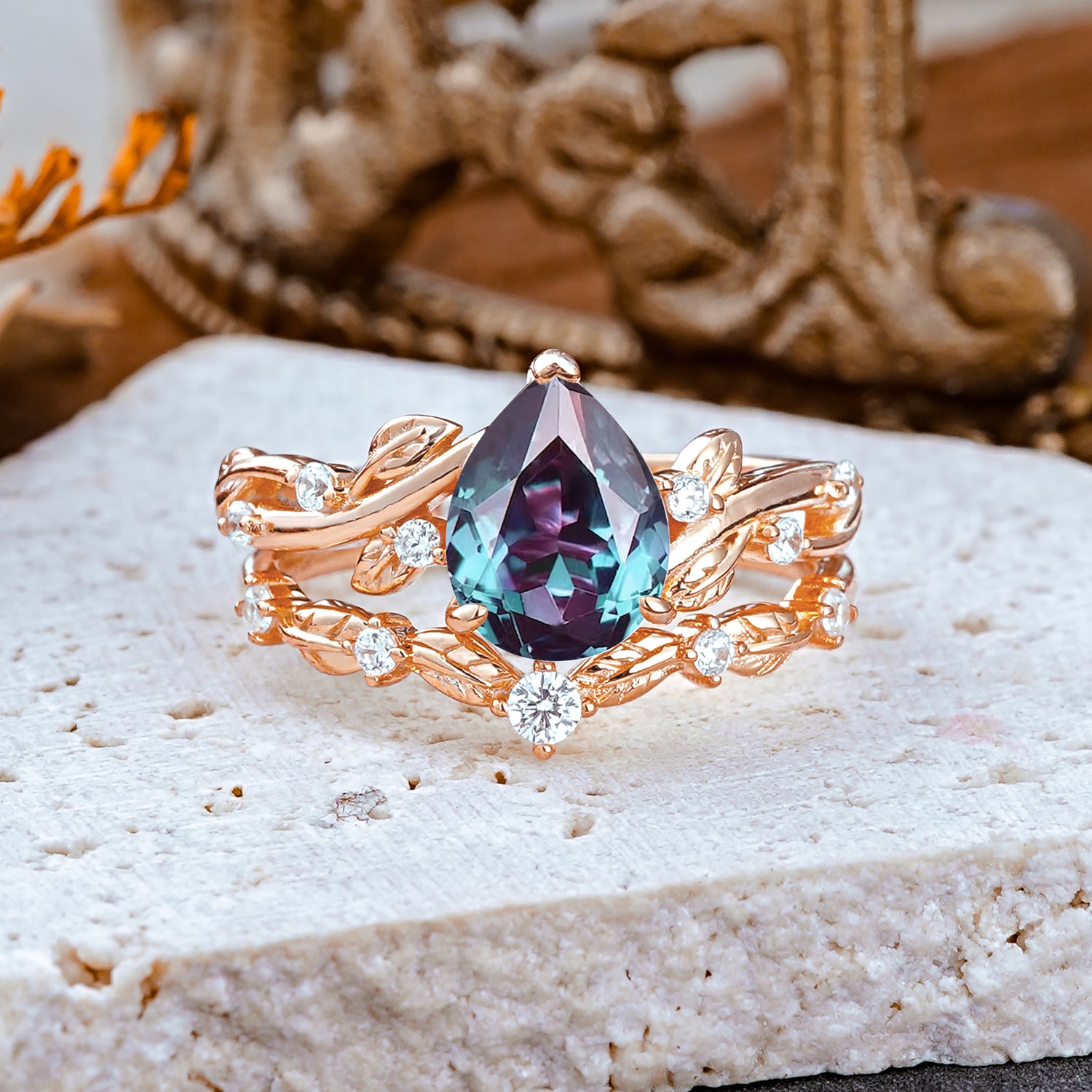 Nature - Inspired 3  Prong Pear Cut Alexandrite Romantic  Bridal Ring Set