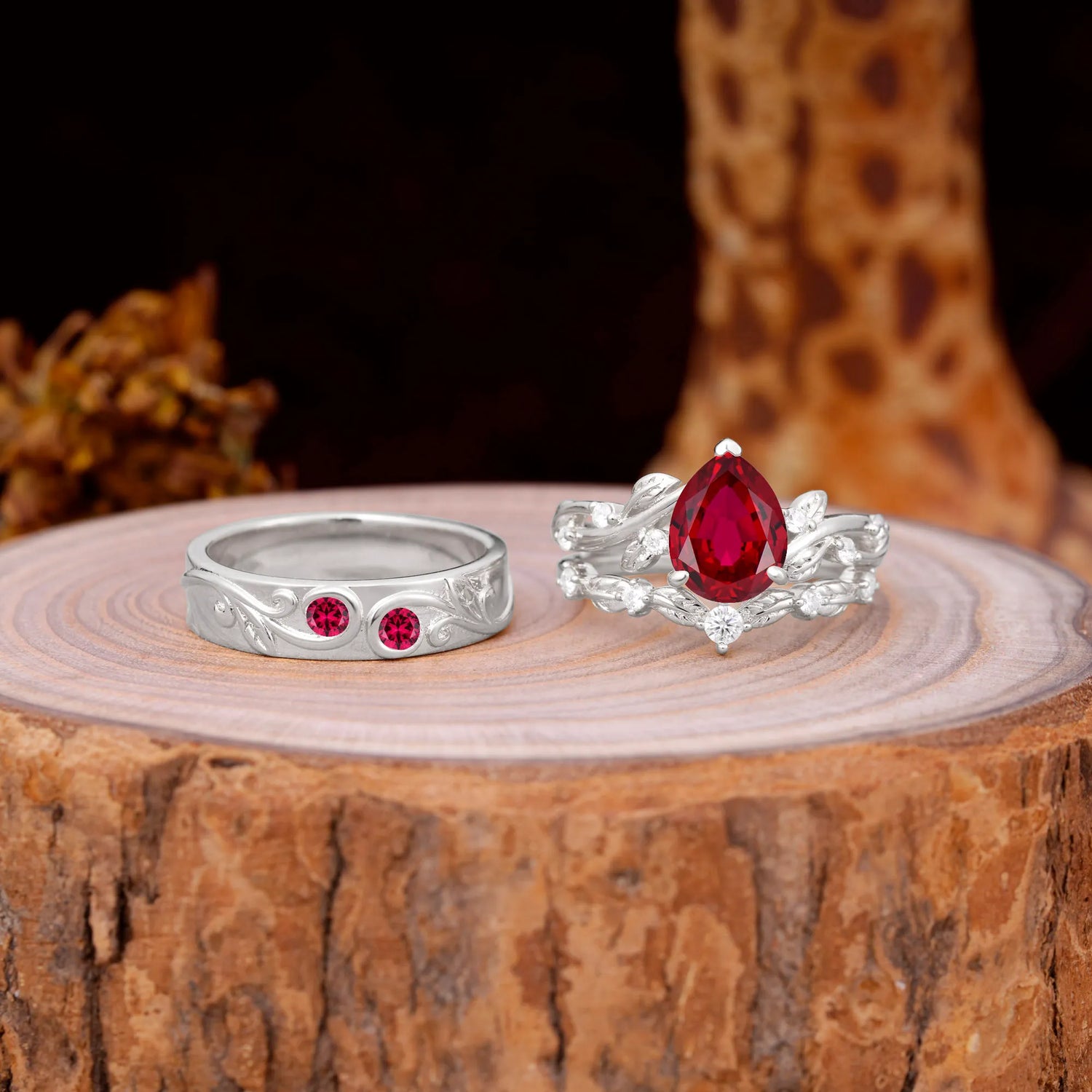 Luxury Retro 3-Prong Ruby Promise Wedding Couple Ring