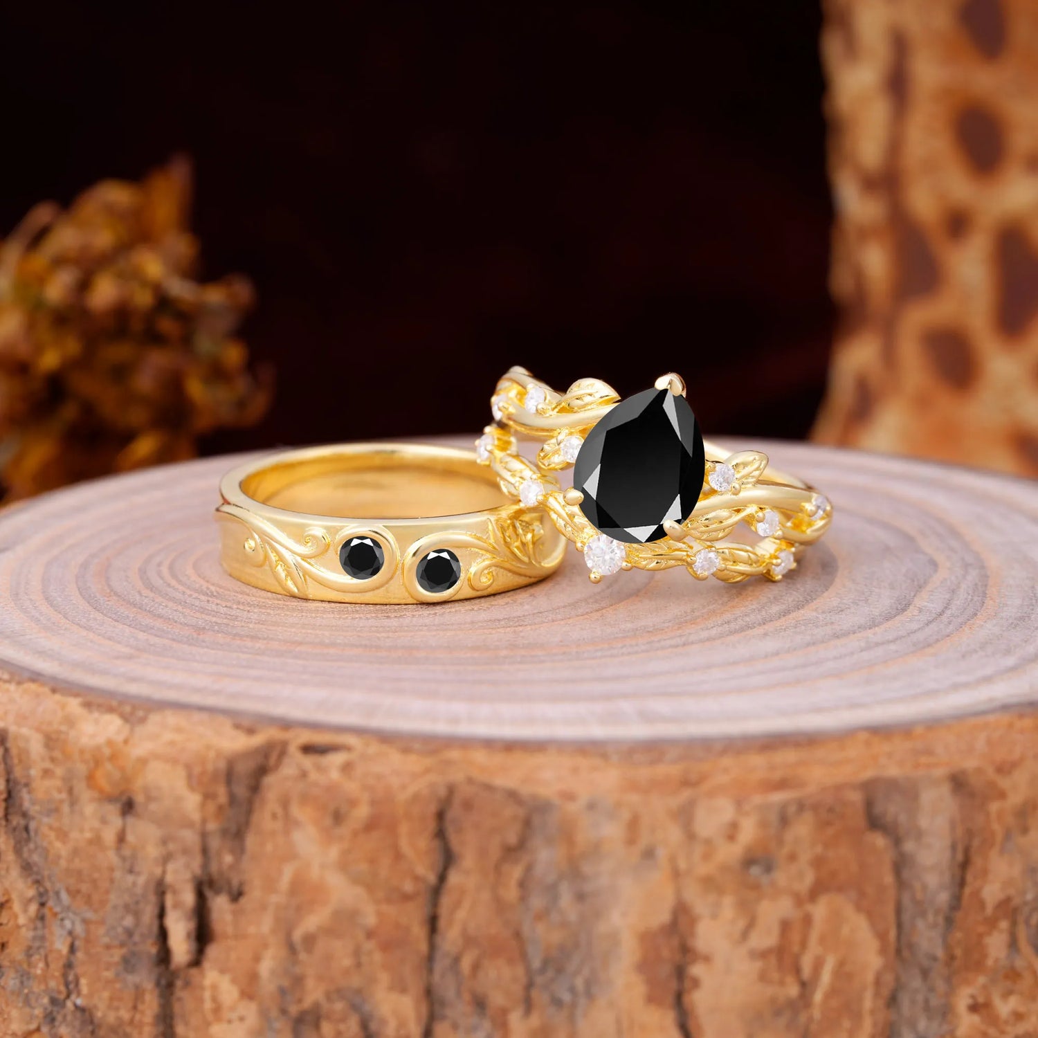 Luxury Retro 3-Prong Black Onyx Promise Wedding Couple Ring