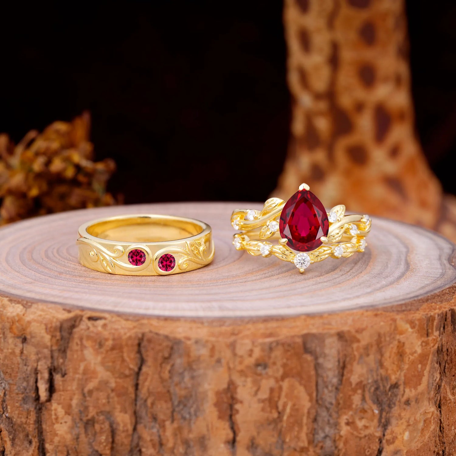 Luxury Retro 3-Prong Ruby Promise Wedding Couple Ring