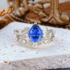 Nature - Inspired 3  Prong Pear Cut Sapphire Romantic Wedding Ring Sets
