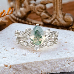 Nature - Inspired 3  Prong Pear Cut Natural Moss Agate Romantic Wedding Ring Sets