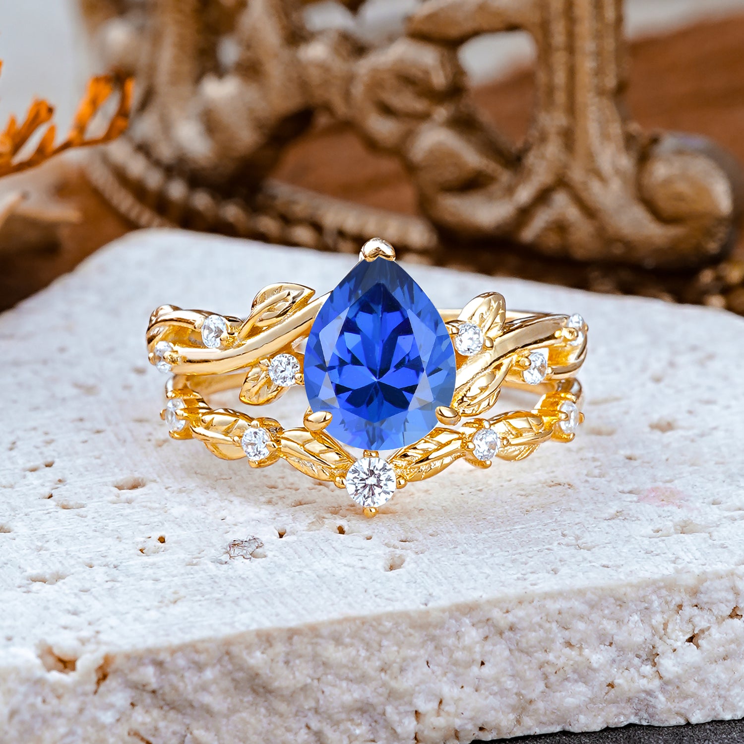 Nature - Inspired 3  Prong Pear Cut Sapphire Romantic  Bridal Ring Set