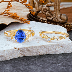 Nature - Inspired 3  Prong Pear Cut Sapphire Romantic Wedding Ring Sets