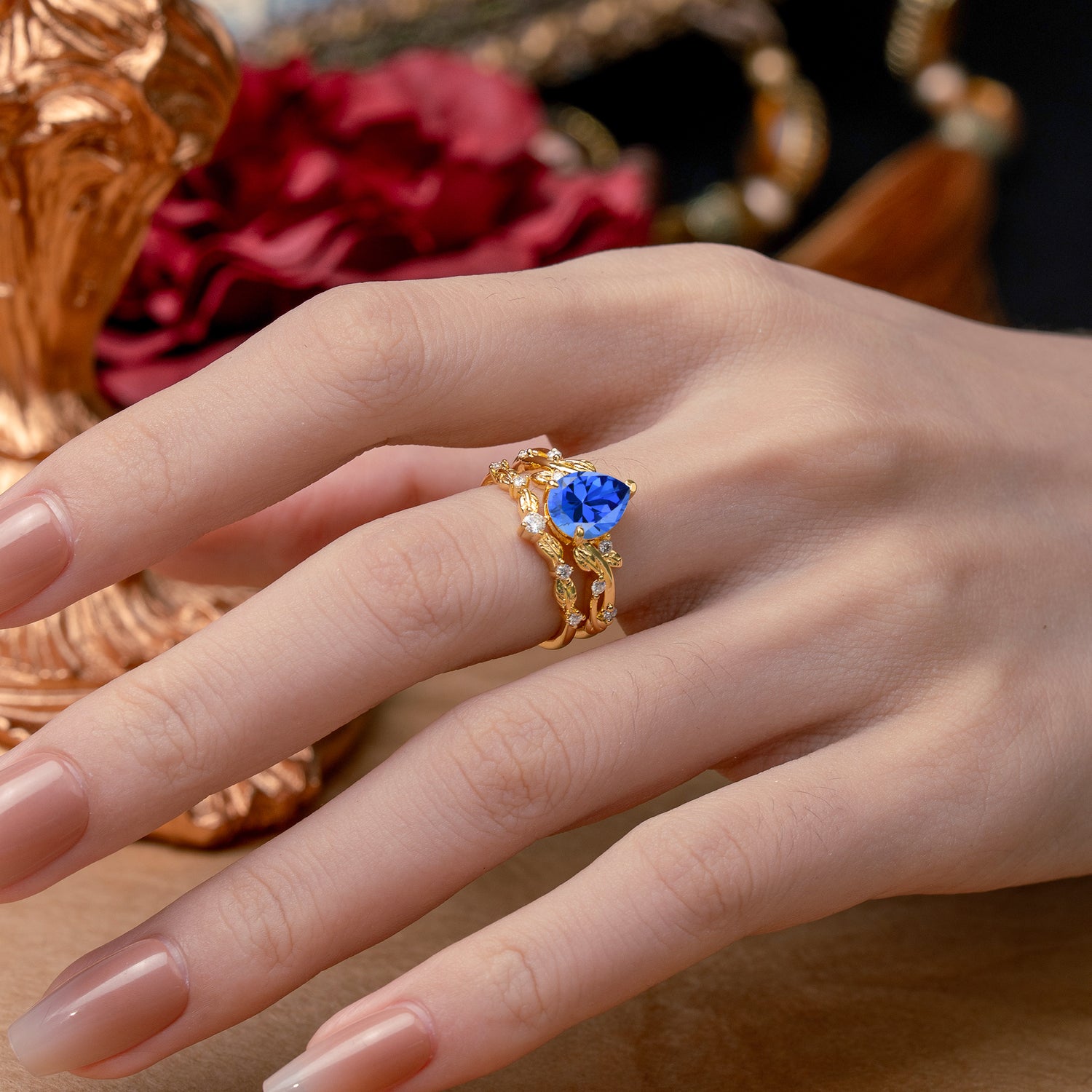 Nature - Inspired 3  Prong Pear Cut Sapphire Romantic  Bridal Ring Set