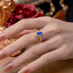 Nature - Inspired 3  Prong Pear Cut Sapphire Romantic Wedding Ring Sets