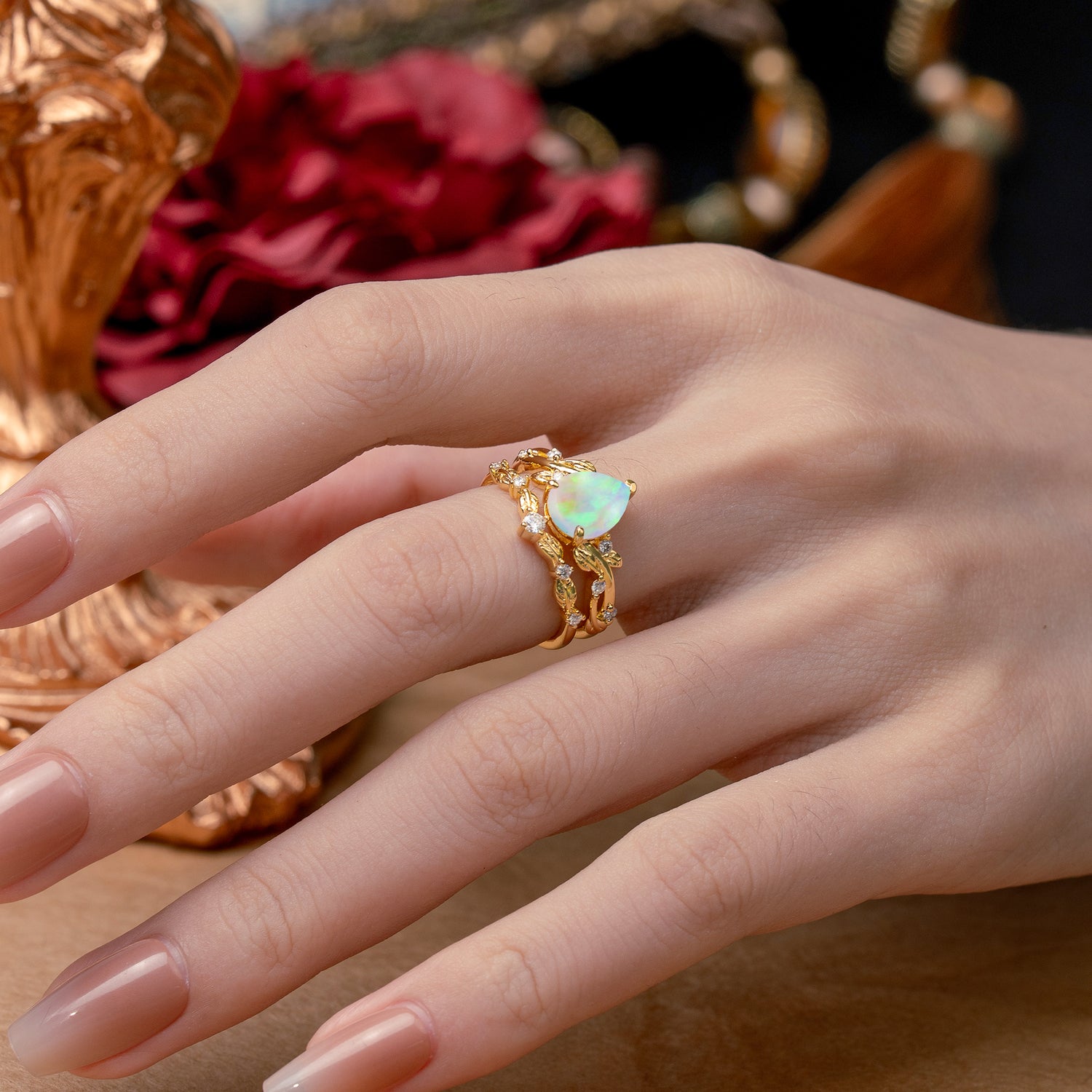 Nature - Inspired 3  Prong Pear Cut Opal Romantic  Bridal Ring Set