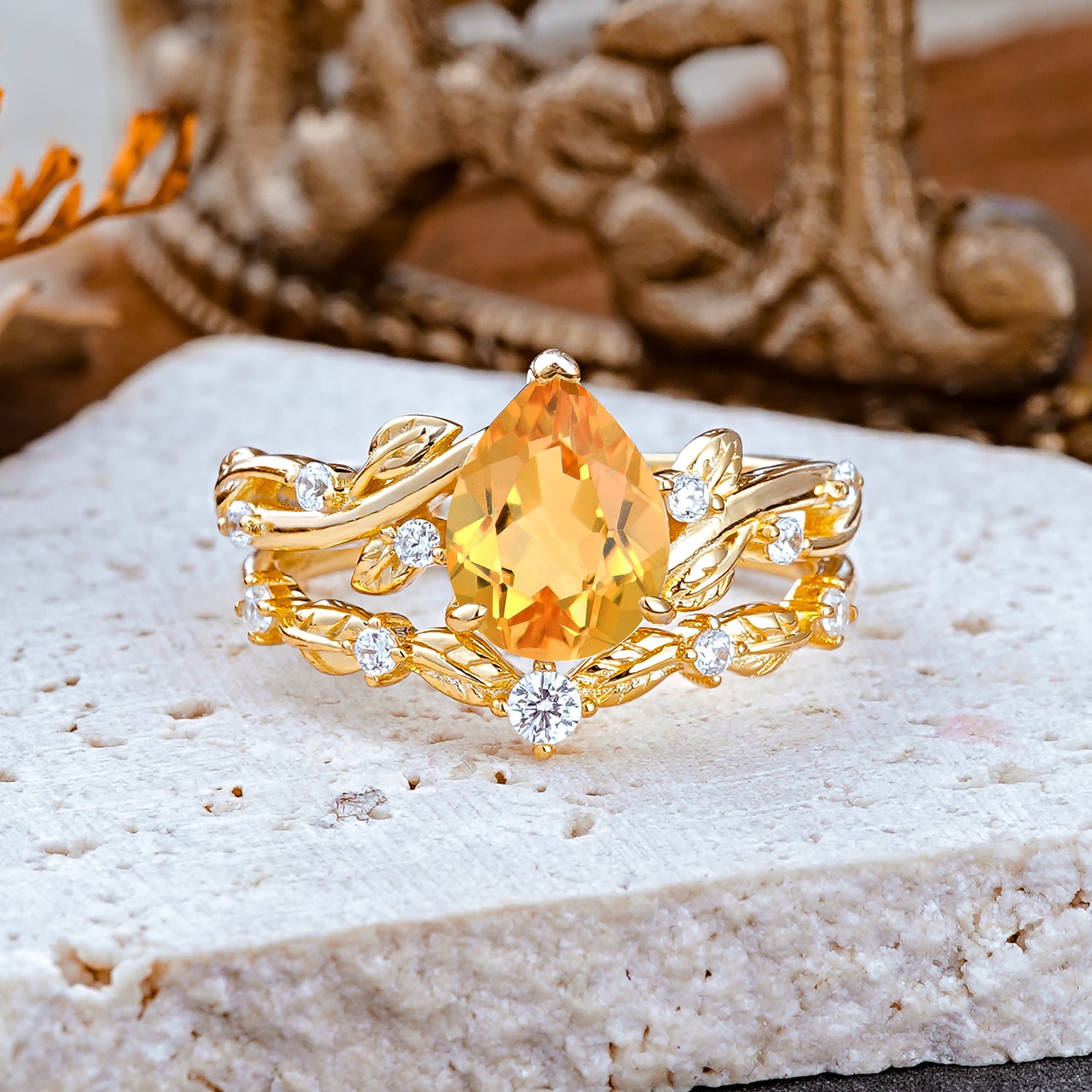 Nature - Inspired 3  Prong Pear Cut Citrine Romantic  Bridal Ring Set