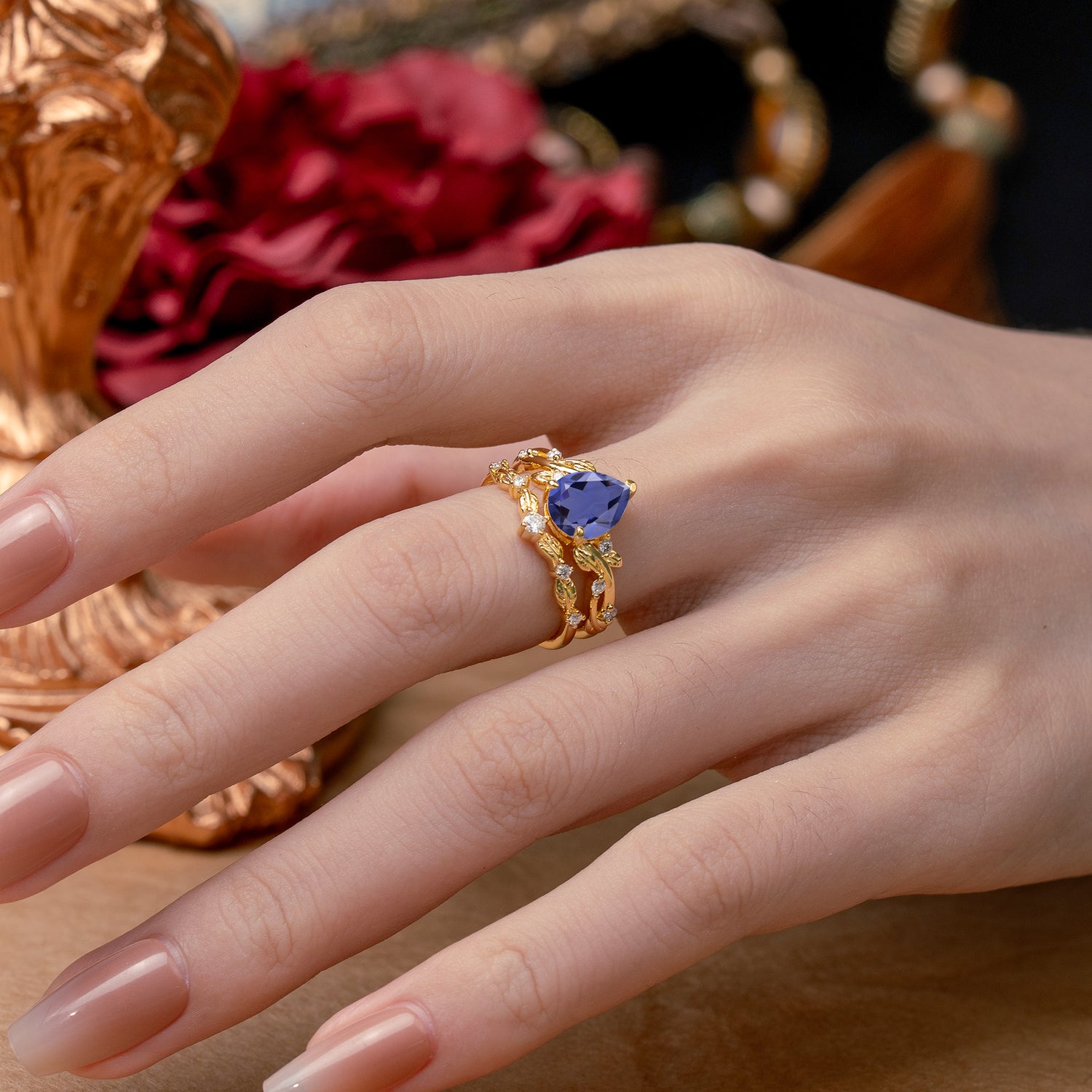 Nature - Inspired 3  Prong Pear Cut Tanzanite Romantic  Bridal Ring Set