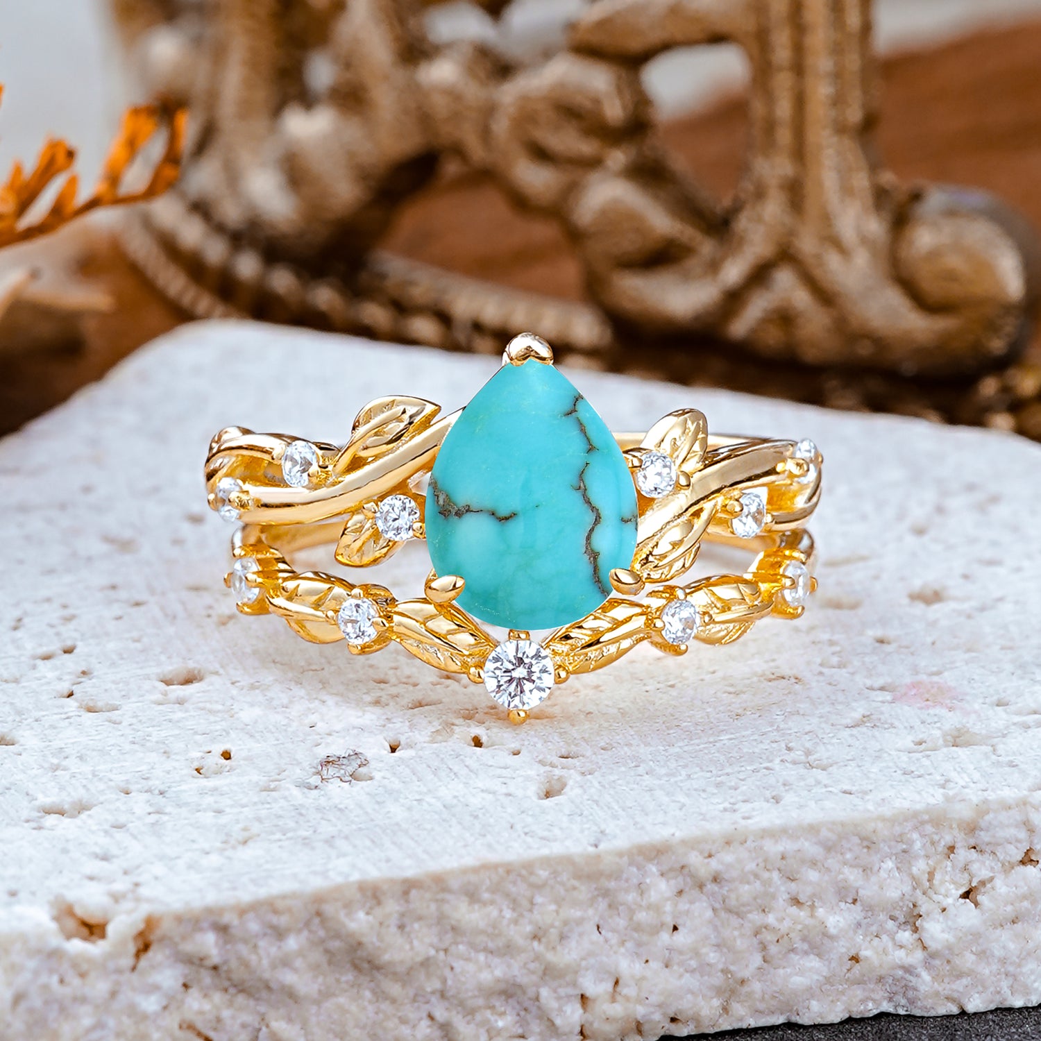 Nature - Inspired 3 Prong Pear Cut Turquoise Romantic  Bridal Ring Set