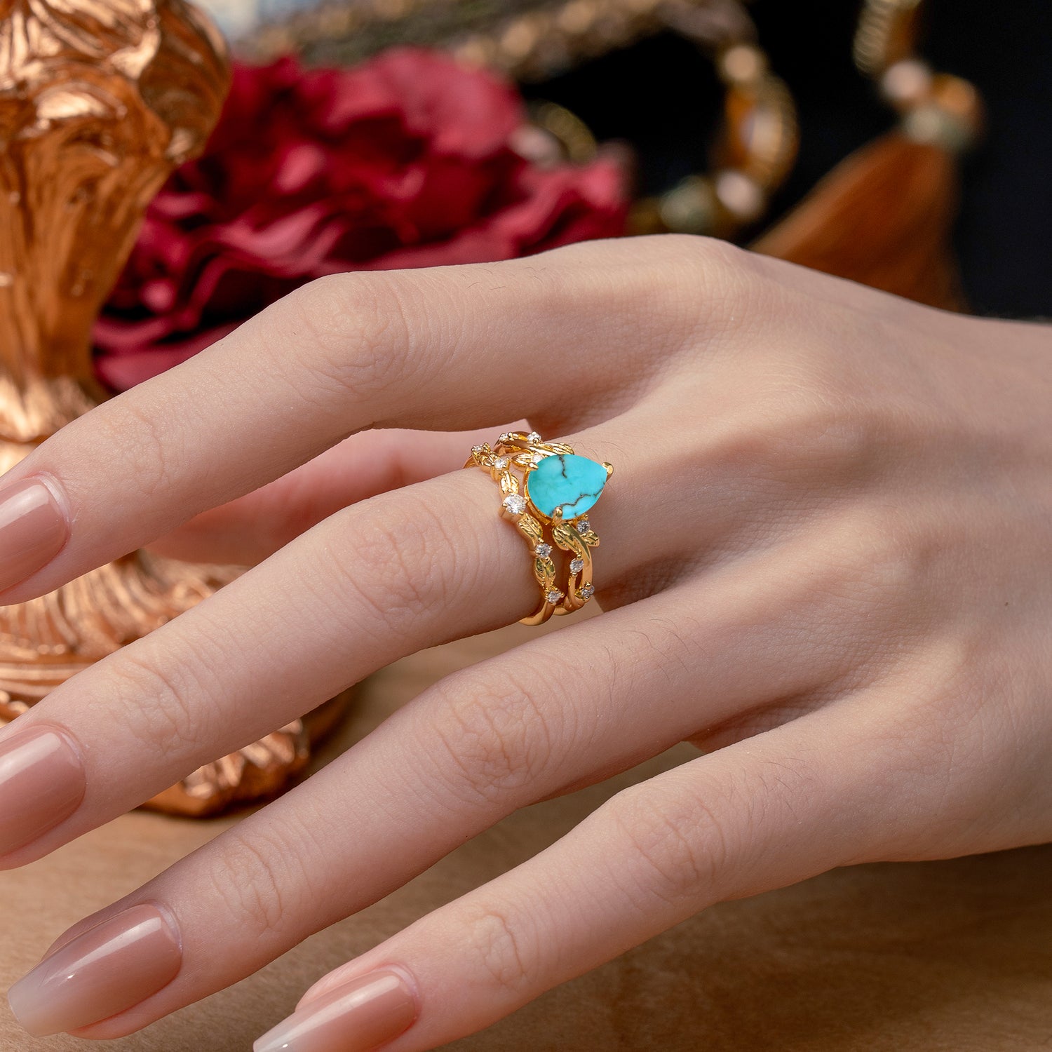 Nature - Inspired 3 Prong Pear Cut Turquoise Romantic  Bridal Ring Set
