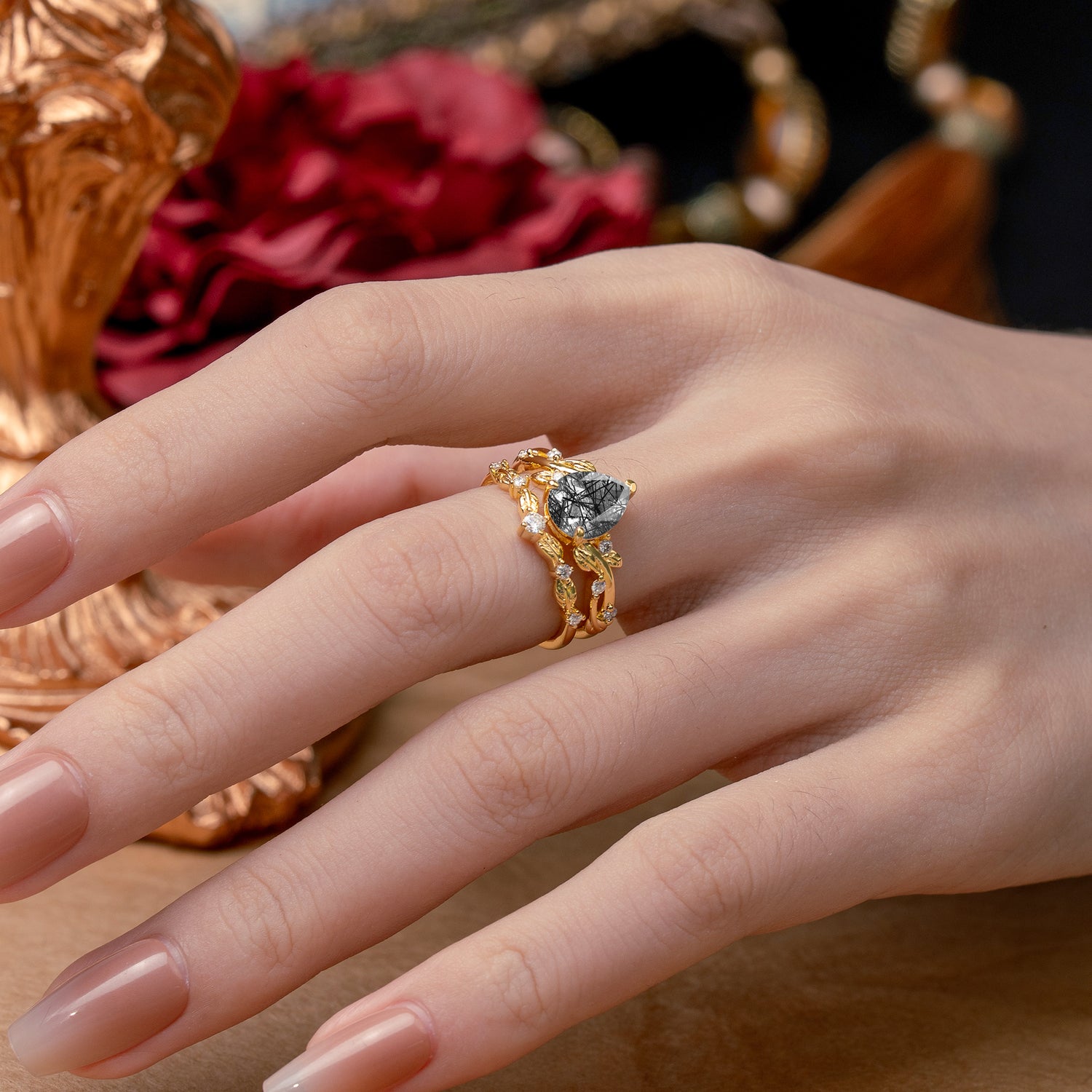 Nature - Inspired 3  Prong Pear Cut Black Rutilated Quartz Romantic  Bridal Ring Set