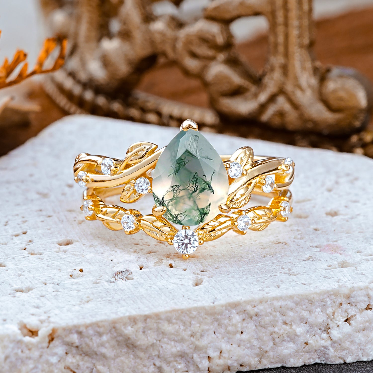 Nature - Inspired 3  Prong Pear Cut Natural Moss Agate Romantic  Bridal Ring Set