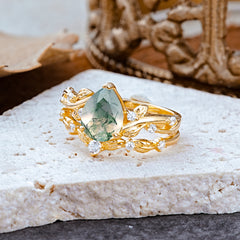 Nature - Inspired 3  Prong Pear Cut Natural Moss Agate Romantic Wedding Ring Sets