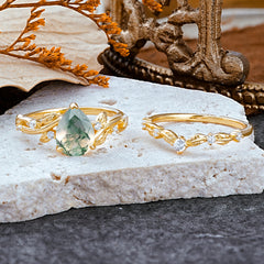 Nature - Inspired 3  Prong Pear Cut Natural Moss Agate Romantic Wedding Ring Sets