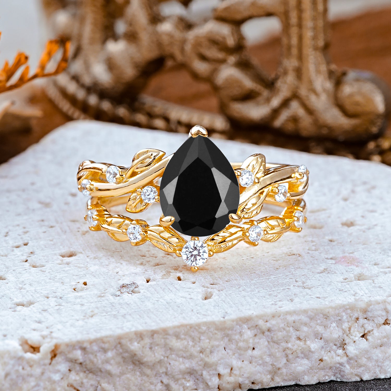 Nature - Inspired 3  Prong Pear Cut Black Onyx Romantic  Bridal Ring Set