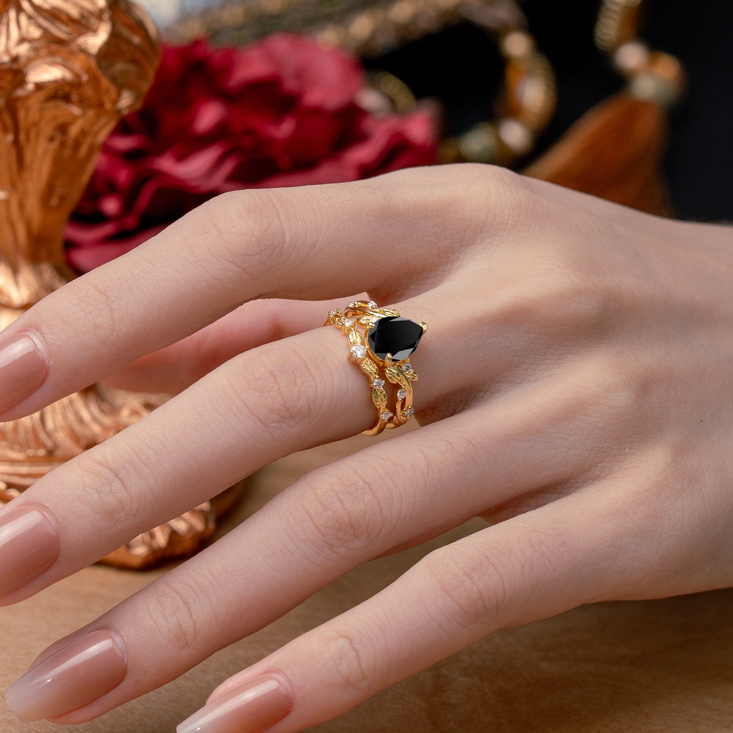 Nature - Inspired 3  Prong Pear Cut Black Onyx Romantic  Bridal Ring Set