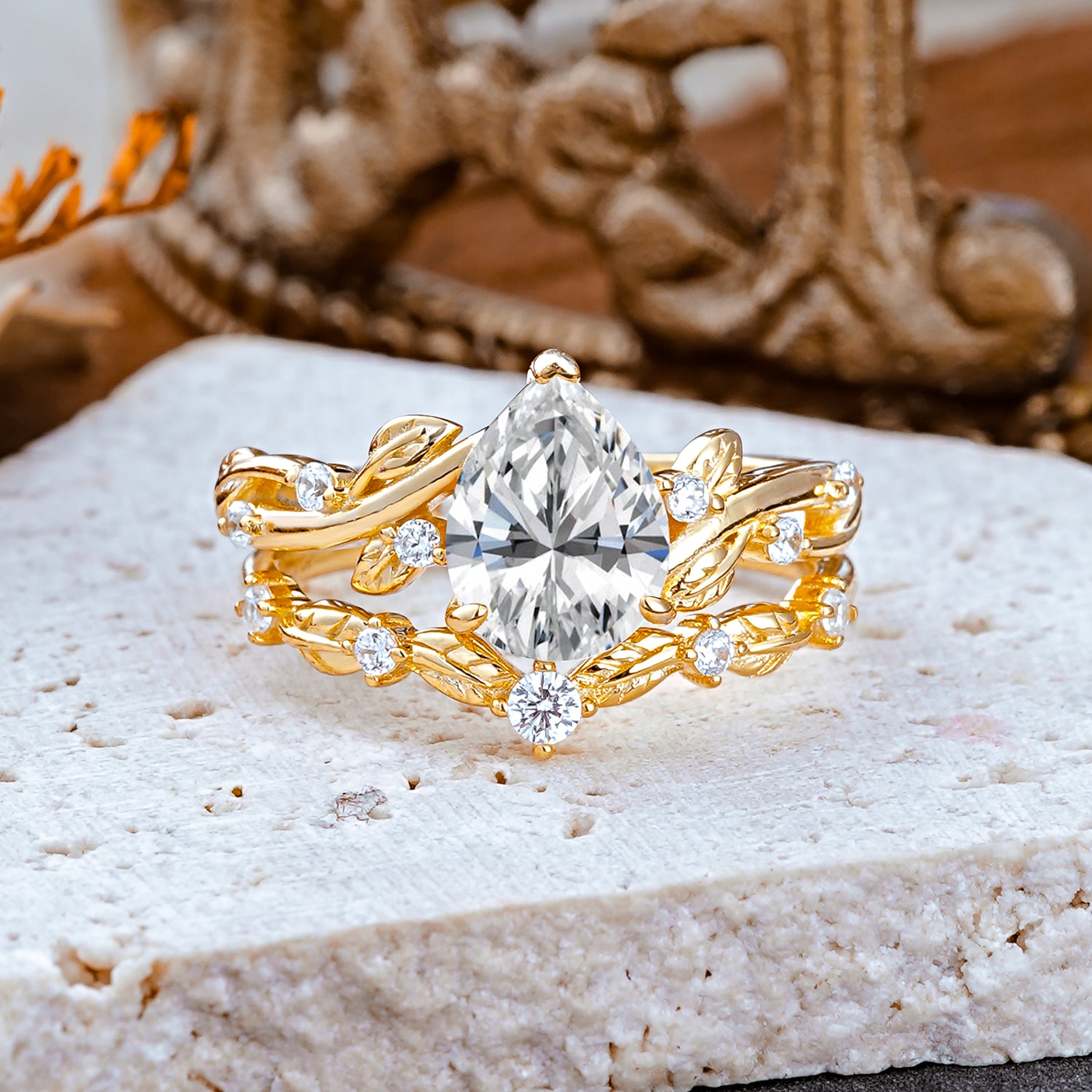 Nature - Inspired 3  Prong Pear Cut Lab Diamond Romantic Bridal Ring Set