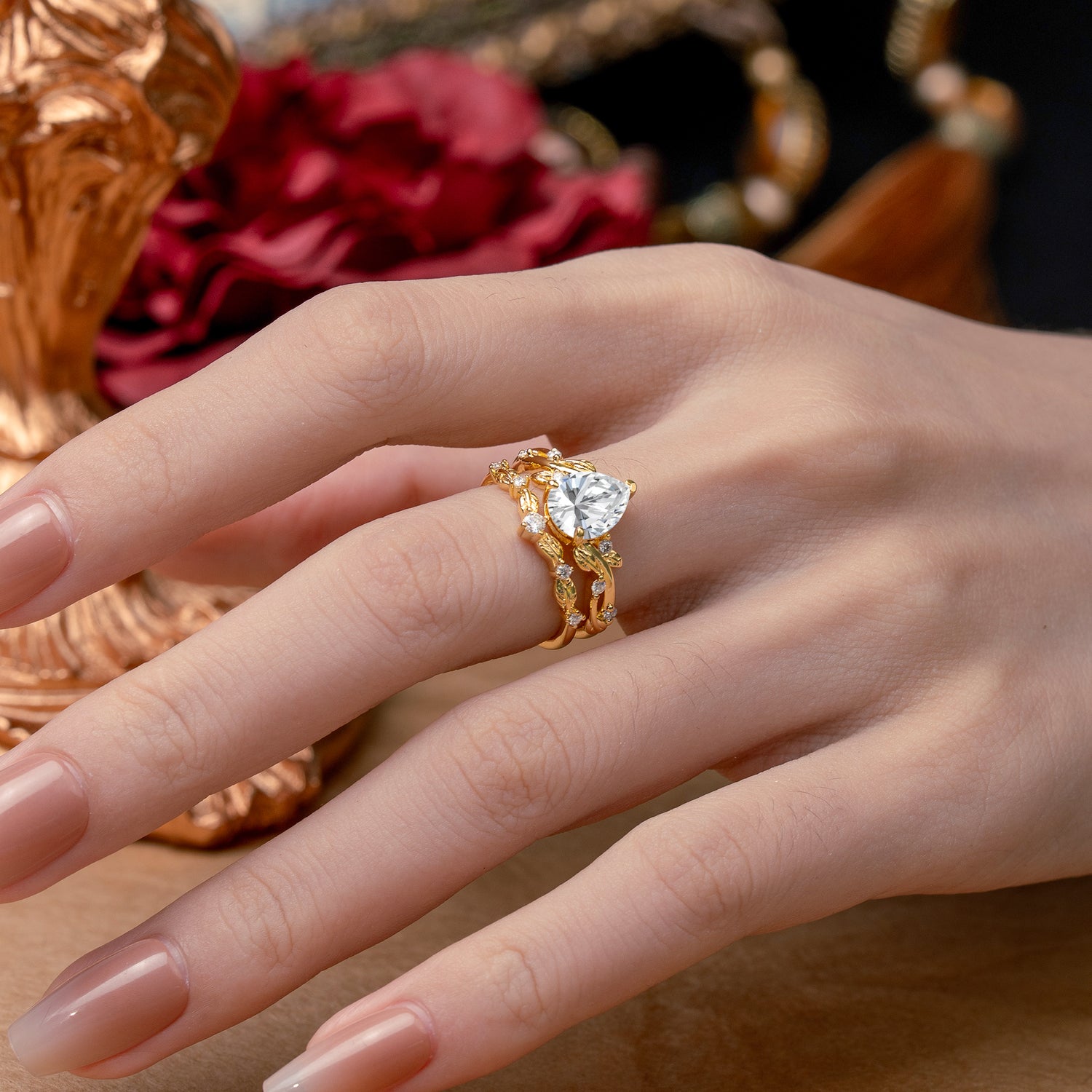 Nature - Inspired 3  Prong Pear Cut Lab Diamond Romantic Bridal Ring Set