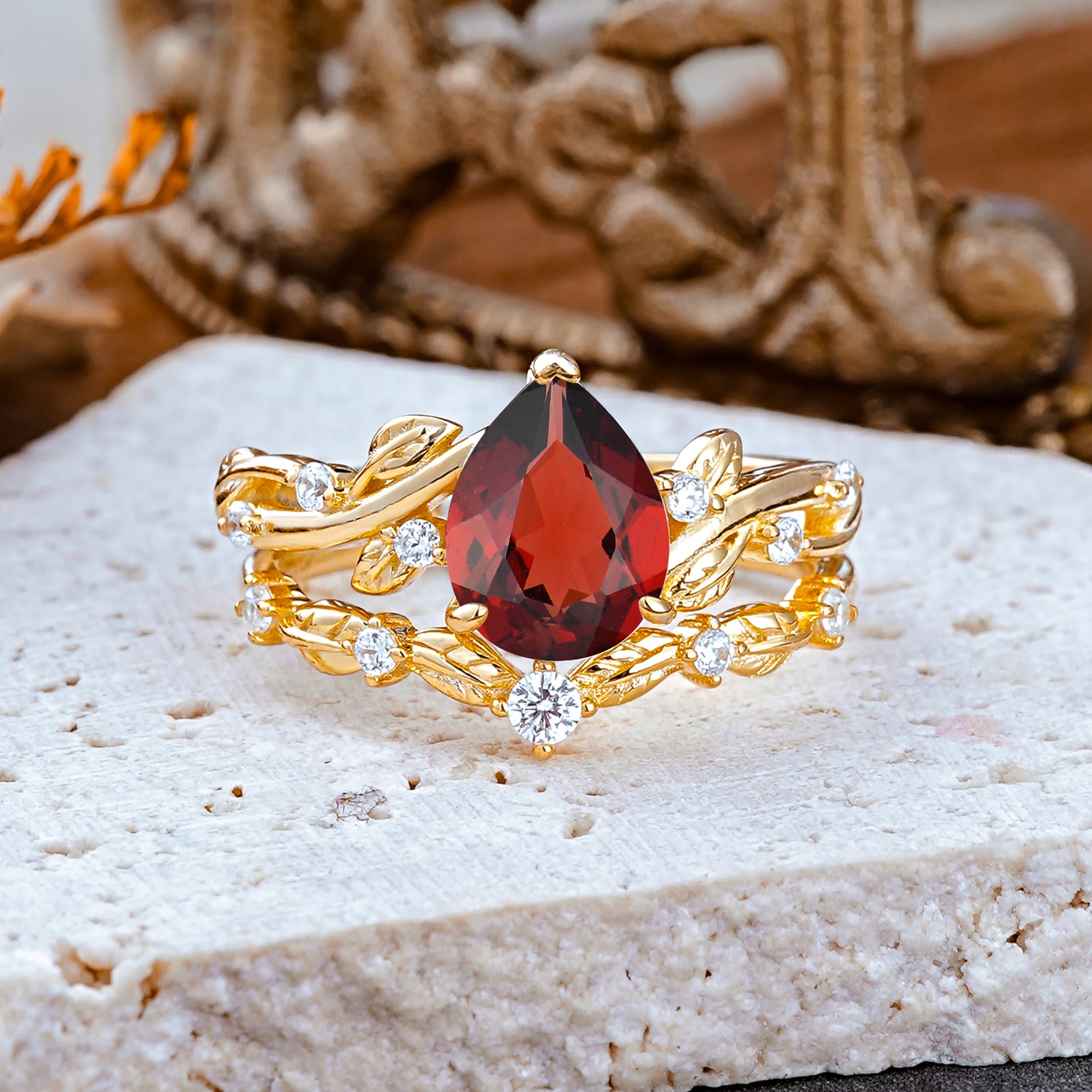 Nature - Inspired 3  Prong Pear Cut Garnet Romantic  Bridal Ring Set