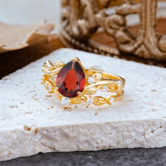 Nature - Inspired 3  Prong Pear Cut Garnet Romantic Wedding Ring Sets