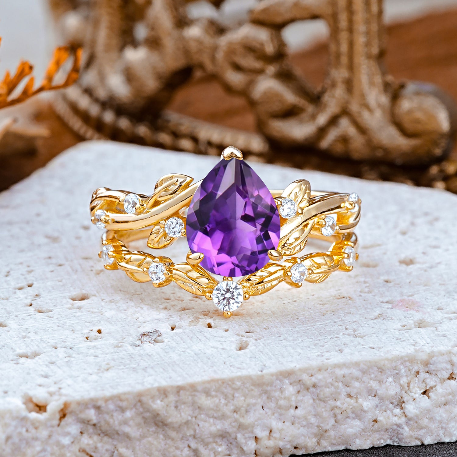 Nature - Inspired 3  Prong Pear Cut Amethyst Romantic Bridal Ring Set