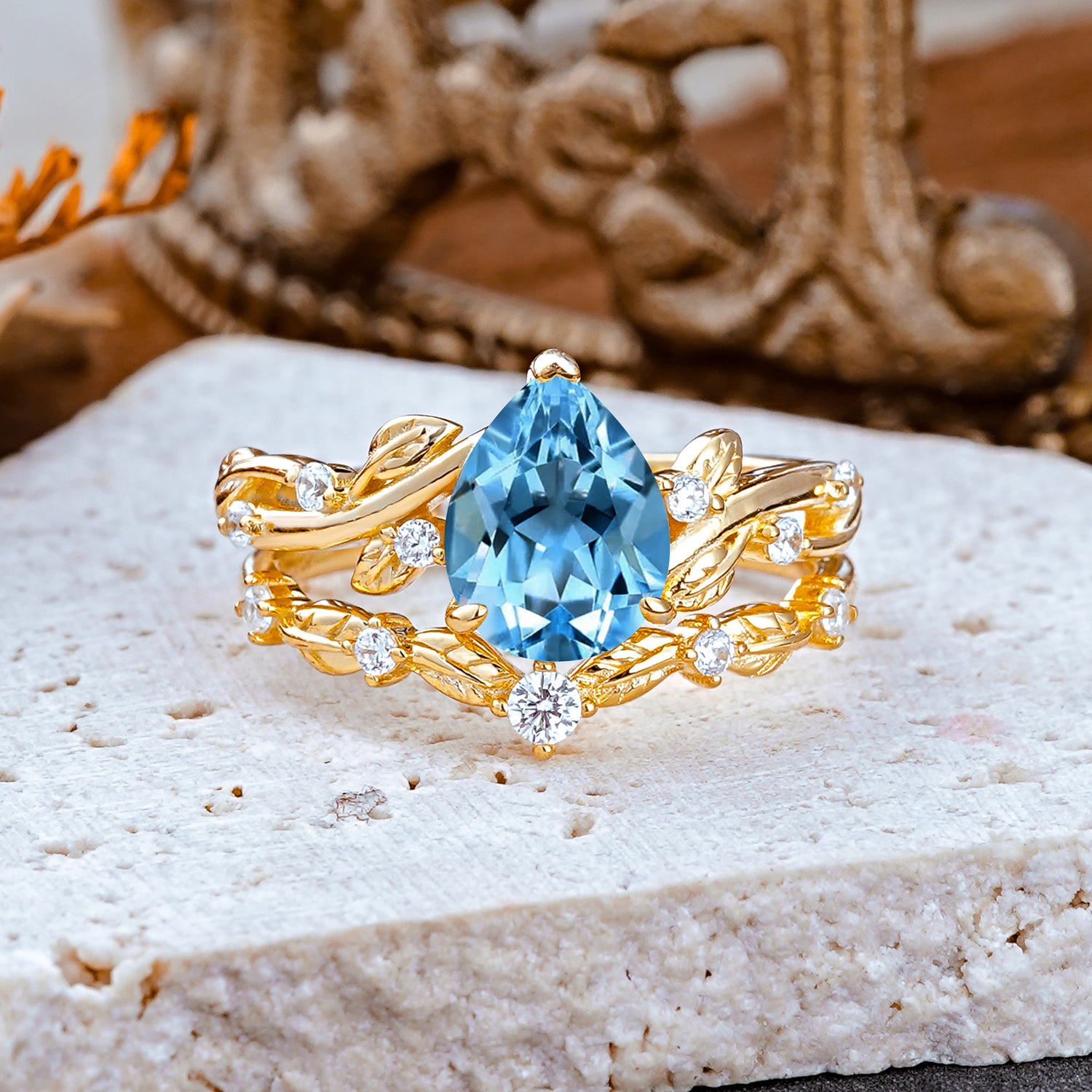 Nature - Inspired 3  Prong Pear Cut Aquamarine Romantic  Bridal Ring Set