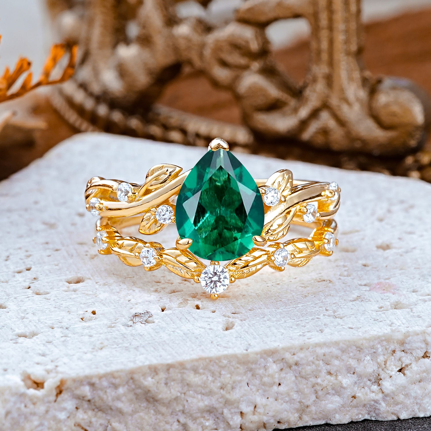 Nature - Inspired 3  Prong Pear Cut Emerald Romantic  Bridal Ring Set