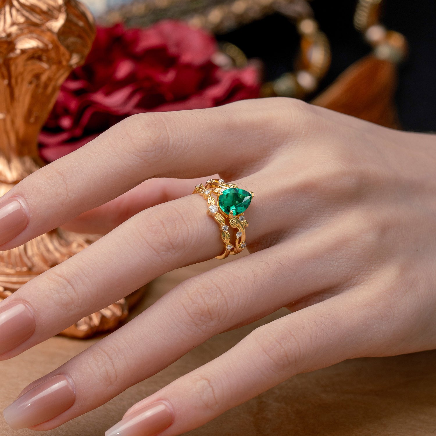 Nature - Inspired 3  Prong Pear Cut Emerald Romantic  Bridal Ring Set