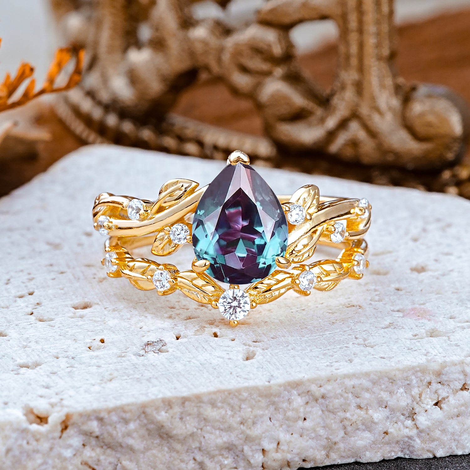 Nature - Inspired 3  Prong Pear Cut Alexandrite Romantic  Bridal Ring Set
