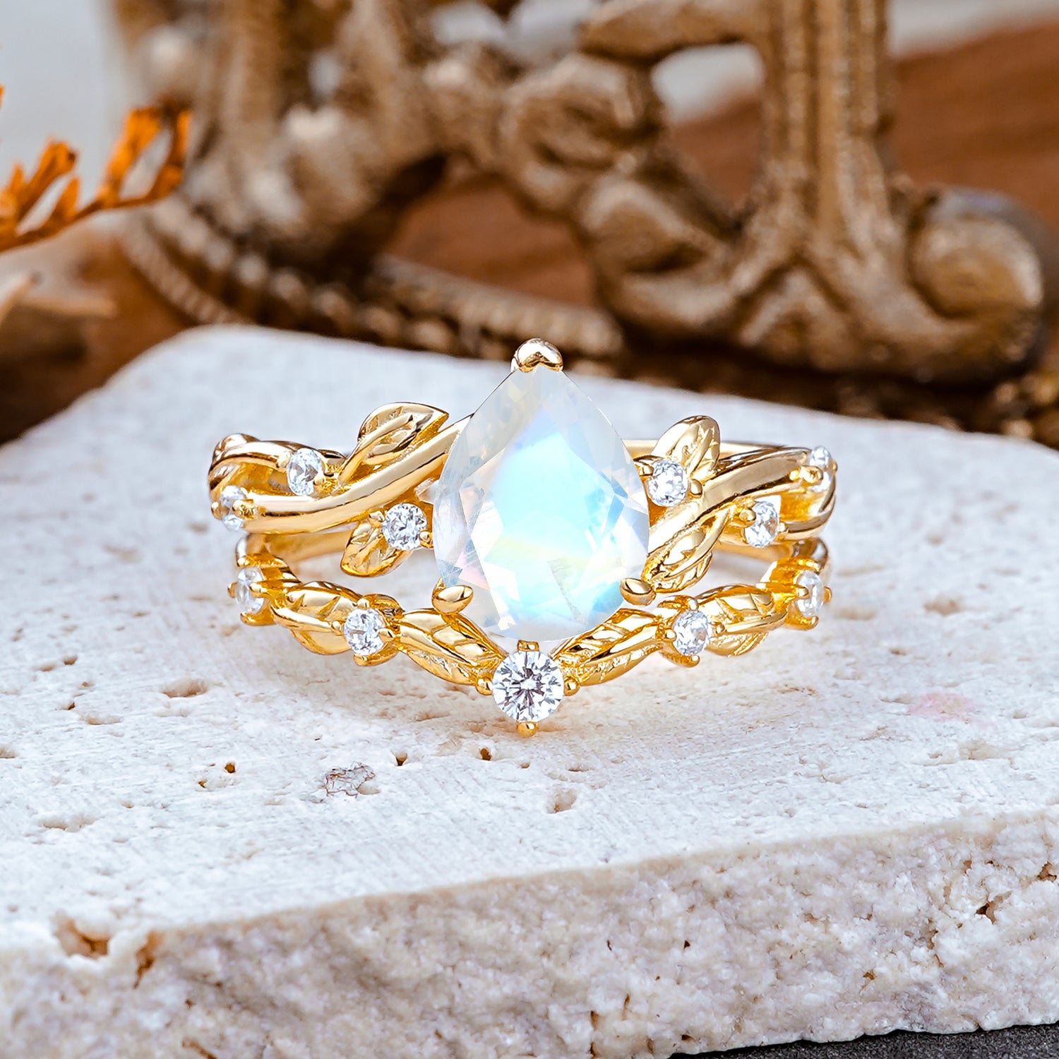 Nature - Inspired 3  Prong Pear Cut Moonstone Romantic  Bridal Ring Set