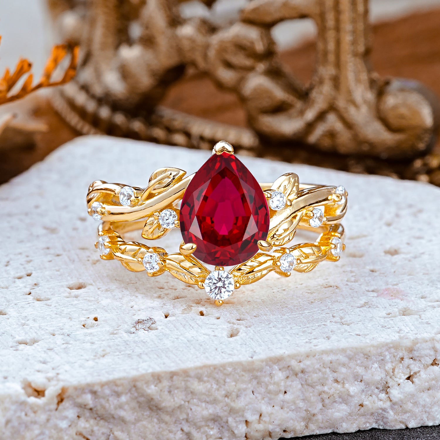 Nature - Inspired 3  Prong Pear Cut Ruby Romantic  Bridal Ring Set