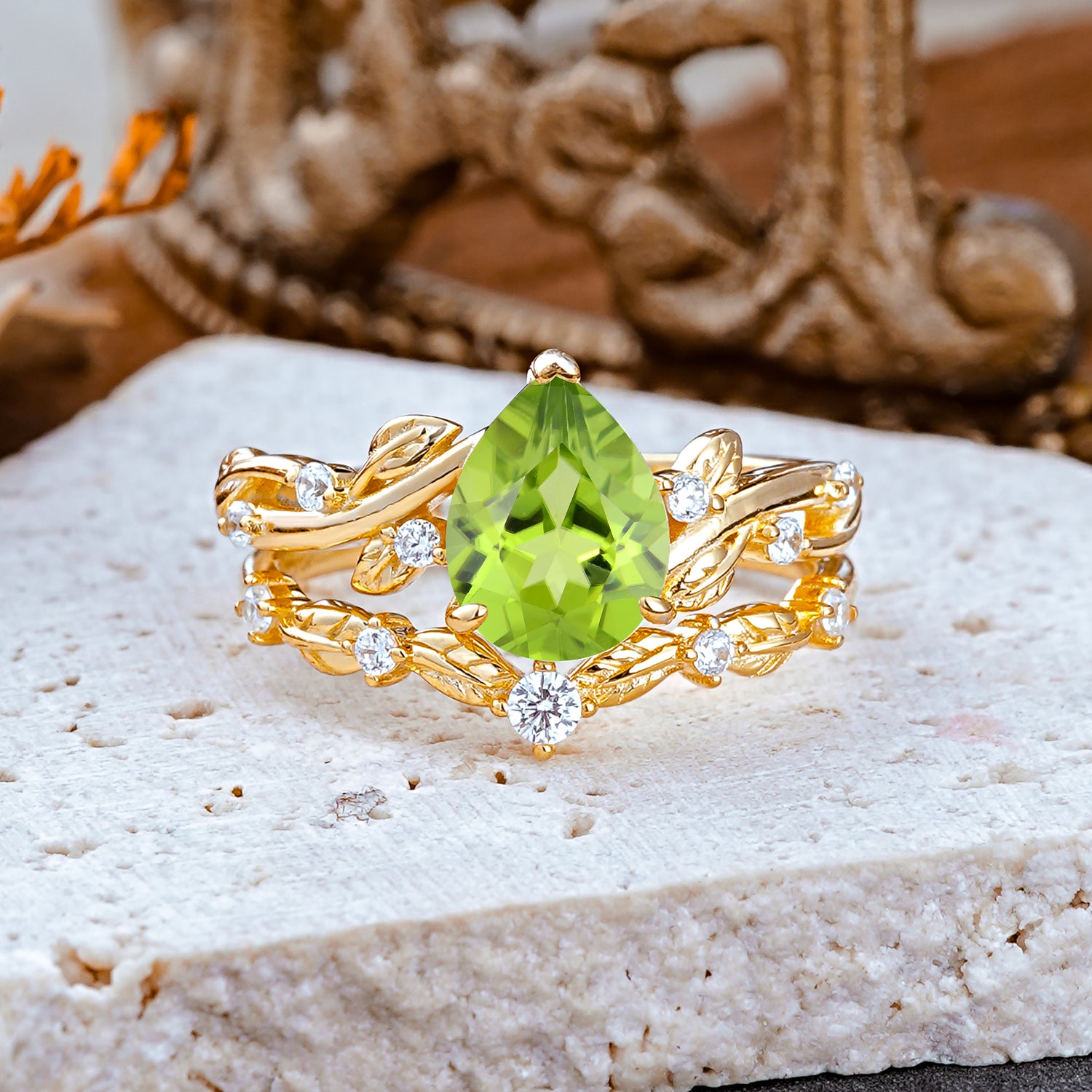 Nature - Inspired 3  Prong Pear Cut Peridot Romantic  Bridal Ring Set