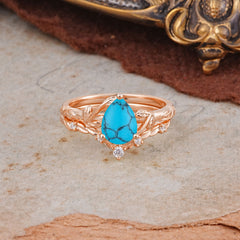 3 Prong Delicate Twisted Vine Wrapped Prong Pear Cut Turquoise Stackable Rings
