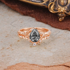 Delicate Twisted Vine Wrapped Prong Pear Cut Black Rutilated Quartz Stackable Rings