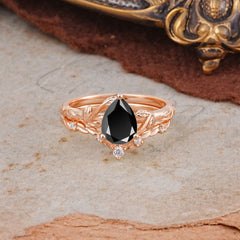 Delicate Twisted Vine Wrapped Prong Pear Cut Black Onyx Stackable Rings