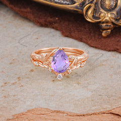 Delicate Twisted Vine Wrapped Prong Pear Cut Amethyst Stackable Rings